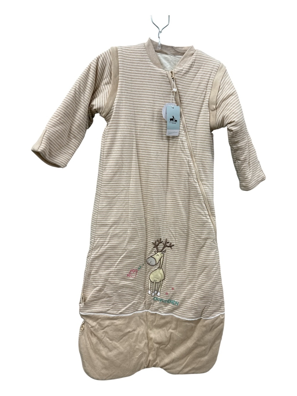 Beige Striped Kids Sleep Bag Pajamas with Reindeer